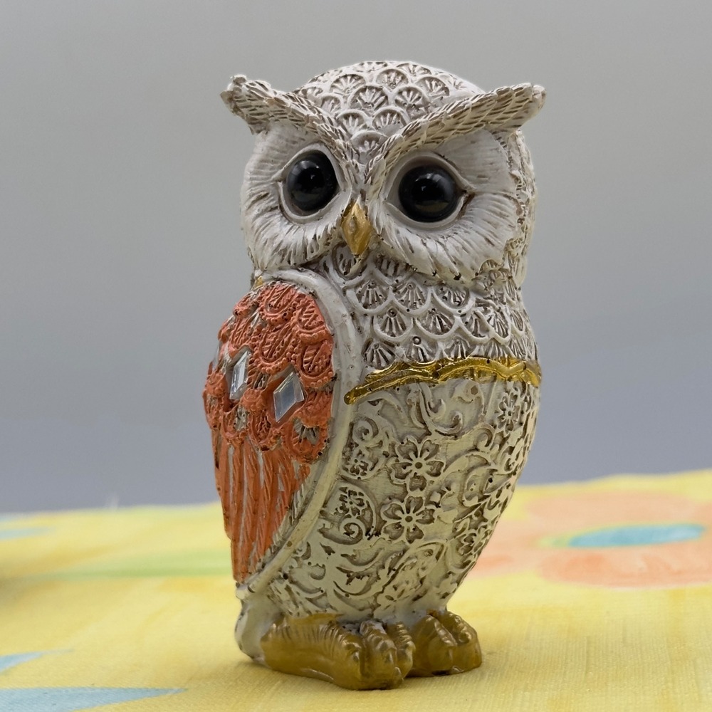 Owl Figurine White Orange Gold Mirror Inlay Floral Scrollwork Statue 3in Decor